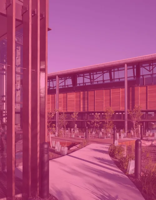 Sustainable Buildings Research Centre SBRC University of Wollongong exterior with blue sky with a pink overlay
