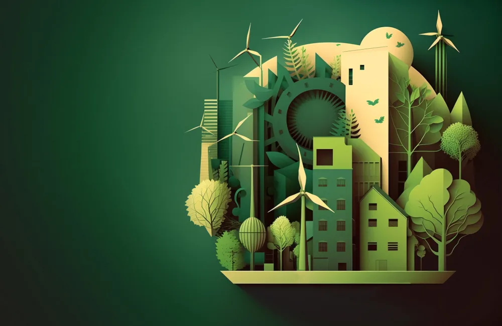 Green paper cut sustainable city with buildings, trees and wind turbines