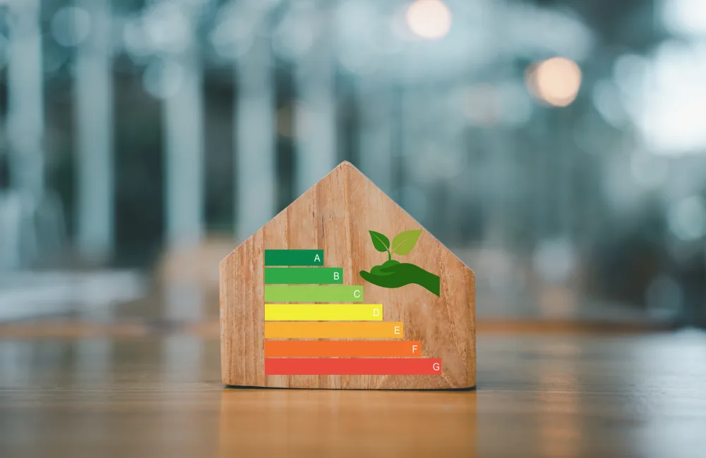 Low consumption ecological house, Sustainable Development Concept, house with energy efficiency scale on blurred background