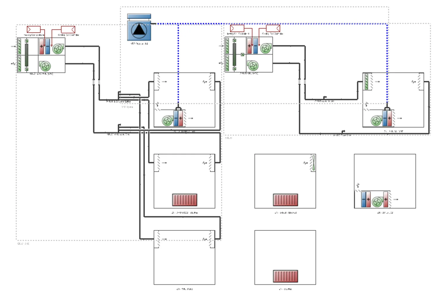 Building services schematic showing multiple rectangular zones connected by black duct lines. Icons represent air handling units, fans, and vents, with dashed blue control lines linking components. No visible people or readable text.