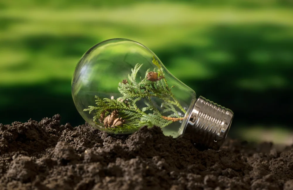 Clear glass light bulb lying on dark soil, containing small green plants, moss, and pine cones. The metal screw base points right, with a blurred green outdoor background.