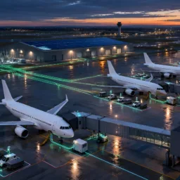 Aerial view of an airport at dusk with five aircraft at terminal gates, service vehicles, wet reflective pavement, illuminated green and blue ground lines, a large building with rooftop solar panels, an electrical substation, and a control tower.