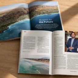 Open magazine spread on a wooden surface featuring a coastal aerial image, article pages and a portrait photograph.