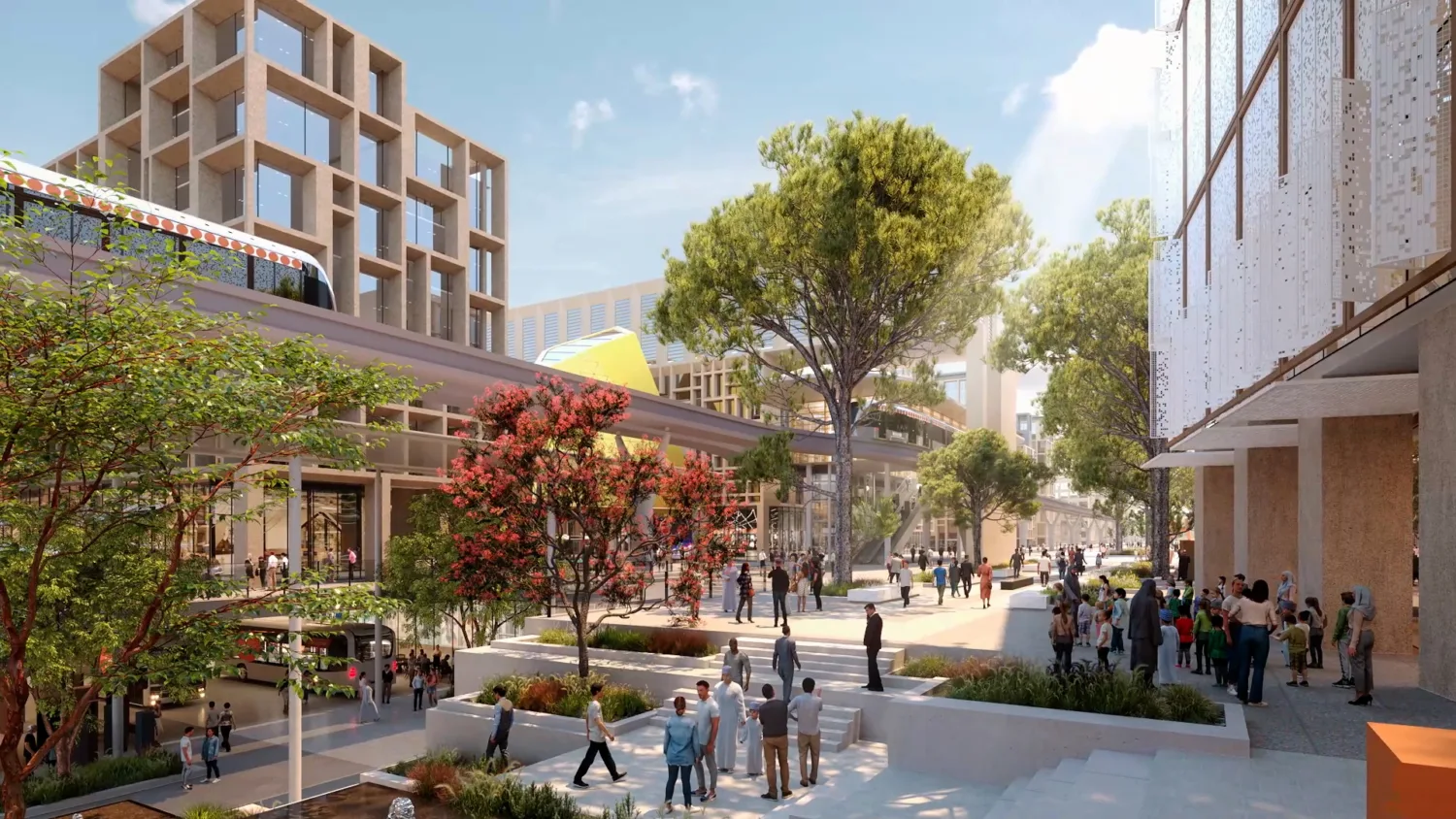 Pedestrian-focused urban development with landscaped public spaces, mixed-use buildings, elevated transit infrastructure and tree-lined walkways.