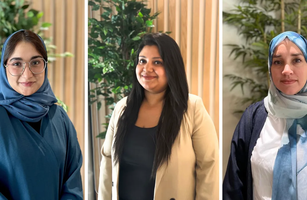 Collage with images of Ayesha Ahmed (left), Ayesha Guha (middle) and Saeemah Hassan (right) from our Cundall office in Riyadh