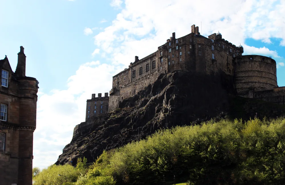 Edinburgh castle looking up from the base on a sunny day