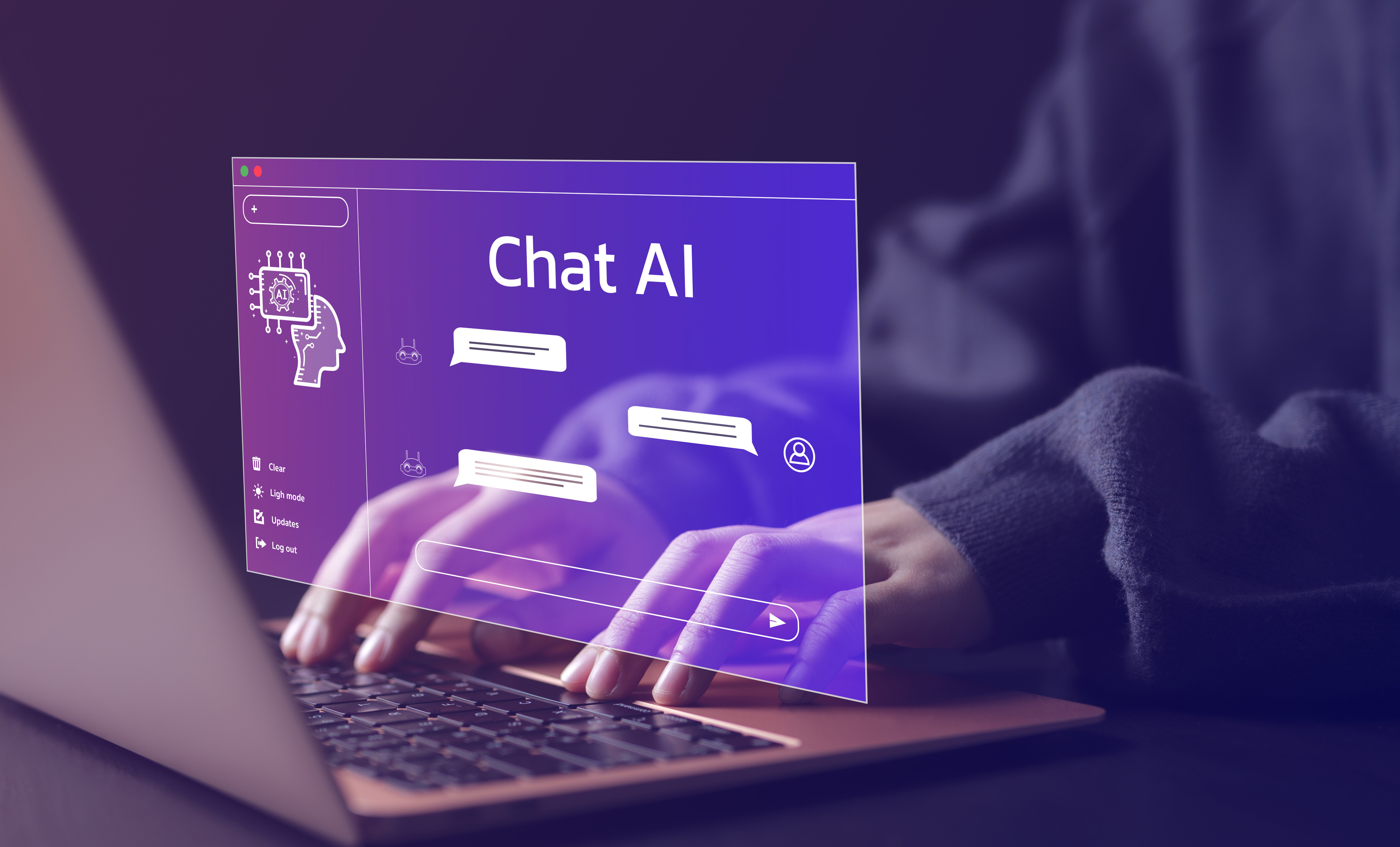 Chat Ai on reflected screen whilst person is typing message on keyboard