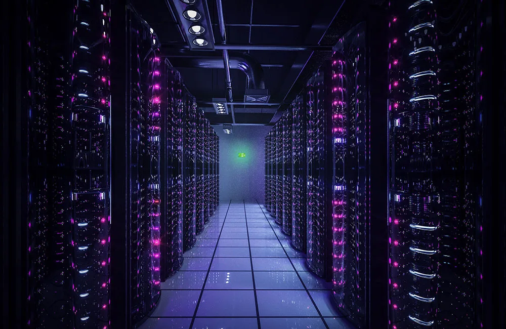 Data centre hall with dark lighting and pink lighting on the racks