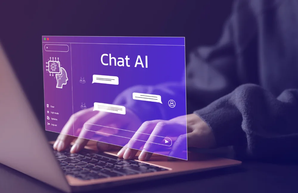 Chat Ai on reflected screen whilst person is typing message on keyboard
