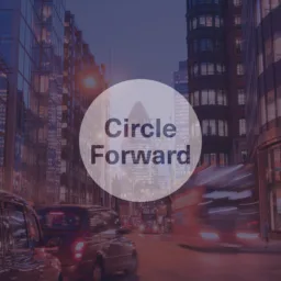 London street scene with commercial office buildings, moving traffic and a circular graphic overlay displaying the text “Circle Forward”.