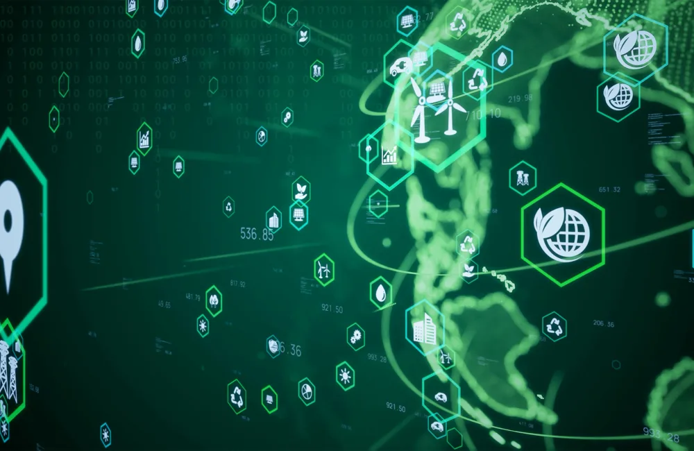 Data based image with a large neon green globe with sustainable icons surrounding