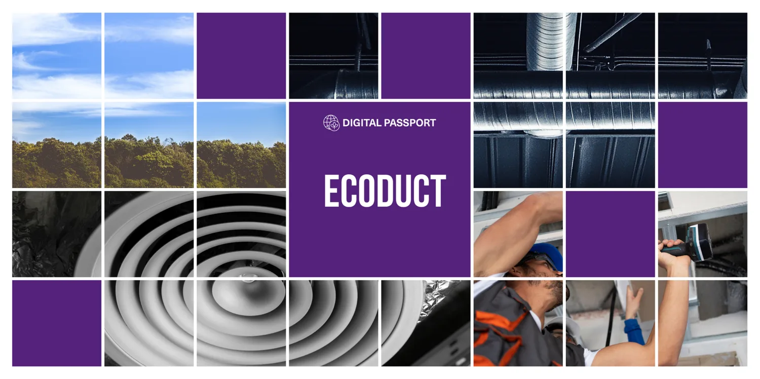 Collage of images relating to EcoDuct, blue skies, pipework in ceiling, fan unit, workman attaching pipes