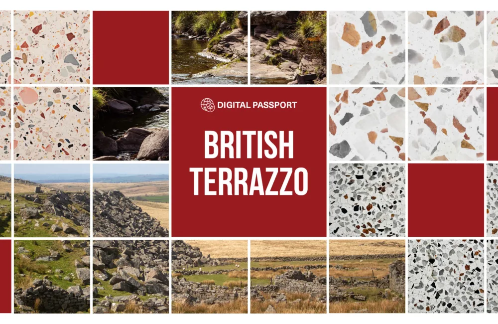 Collage of photos showing terrazzo and the British countryside