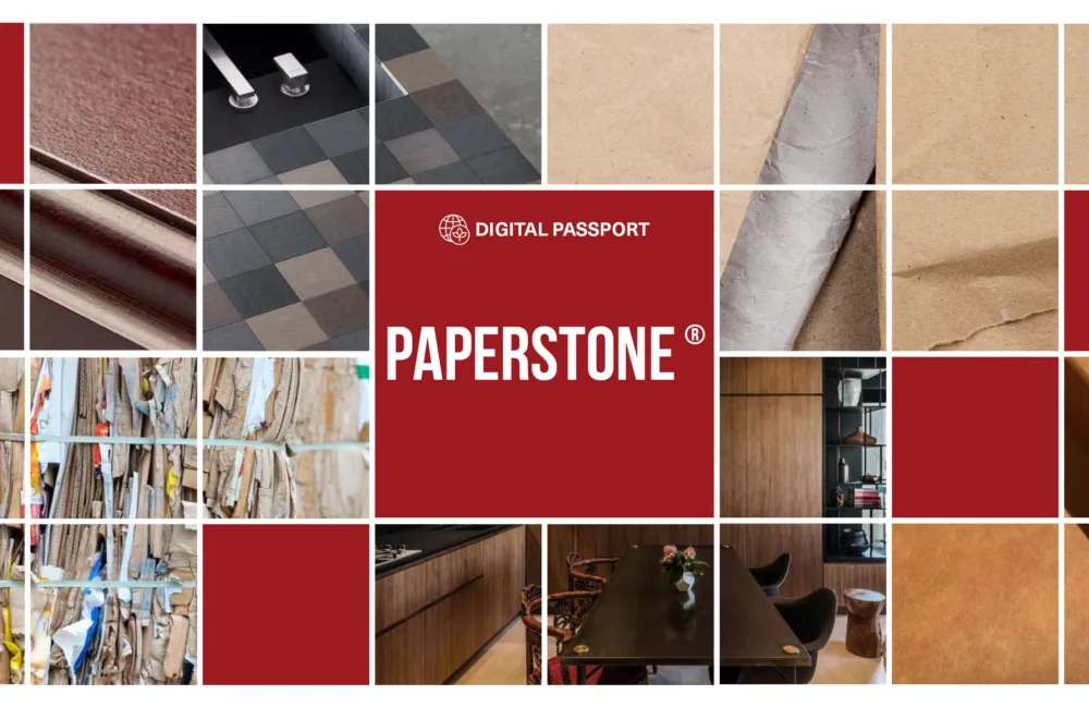 Collage of PaperStone® product examples and recycling of paper