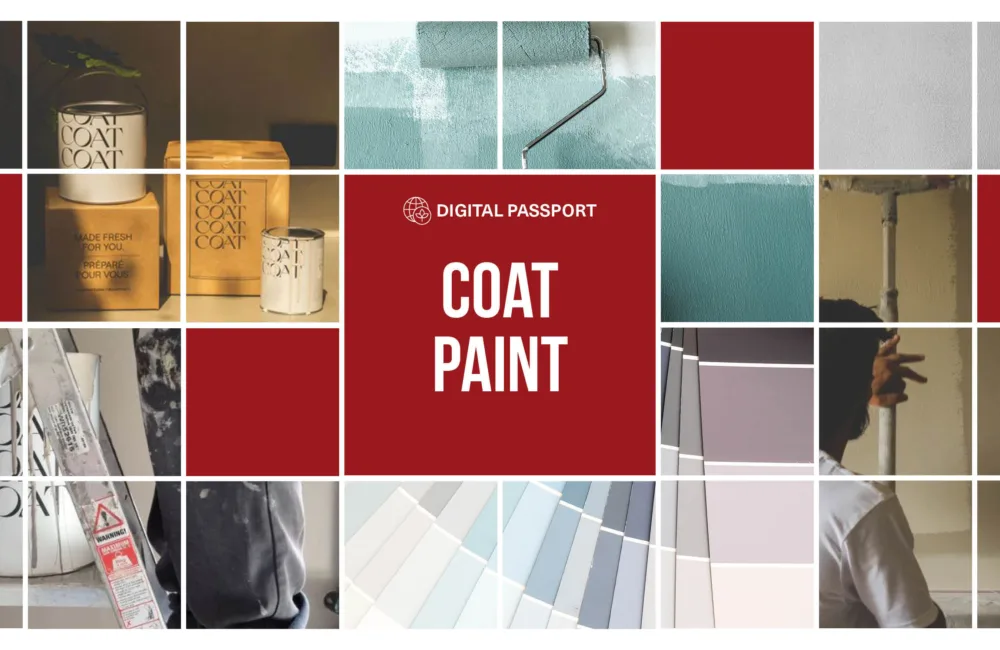 Collage of COAT paint supplies and paint swatches