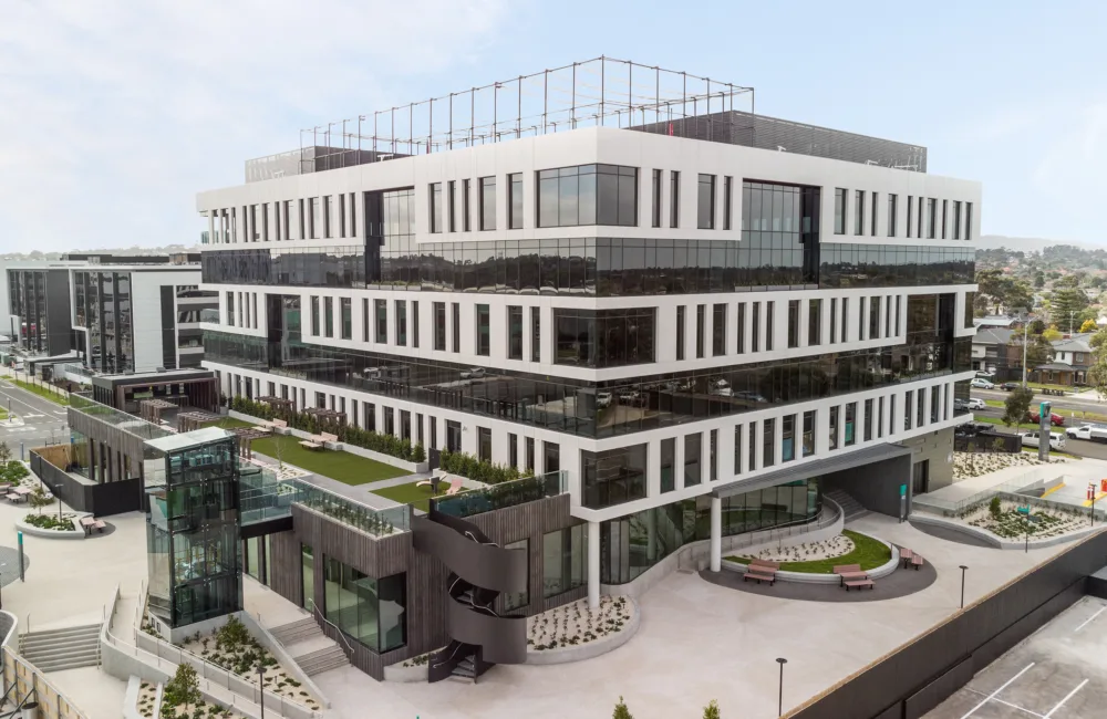 Exterior of glazed and cladded office building