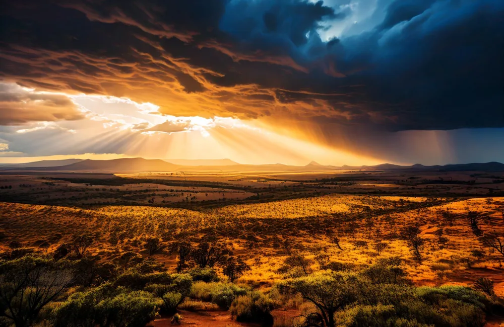 eautiful Sunlight breaking through dark storm clouds over an Australian landscape.
