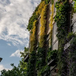 Building façade with windows and extensive vertical planting, including grasses and flowering vegetation, beneath a cloudy sky.