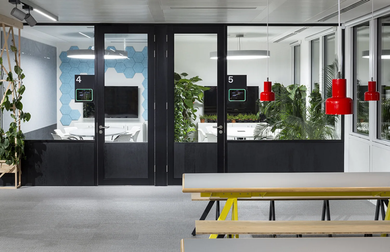 Office seating area with meeting rooms