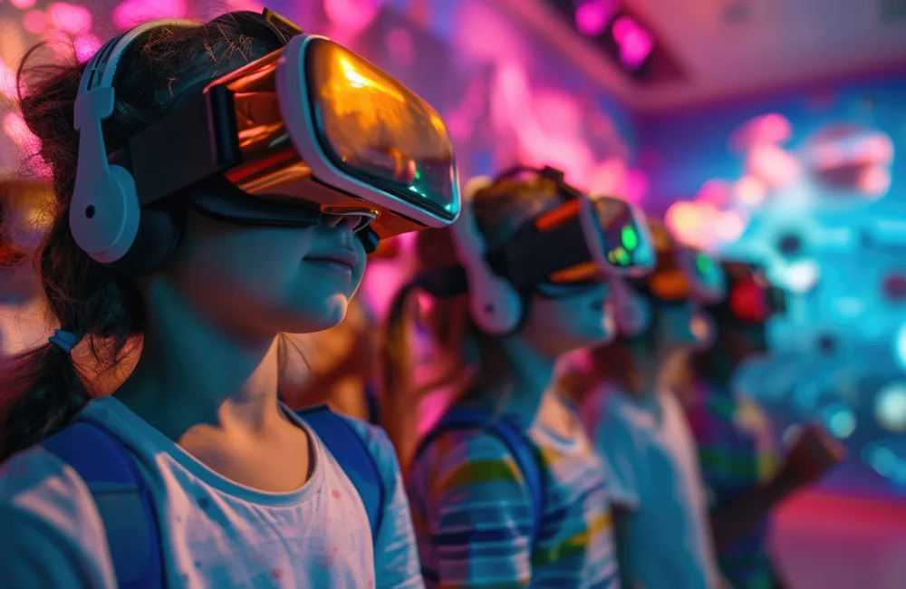 AI image of children with VR headsets on standing in a line