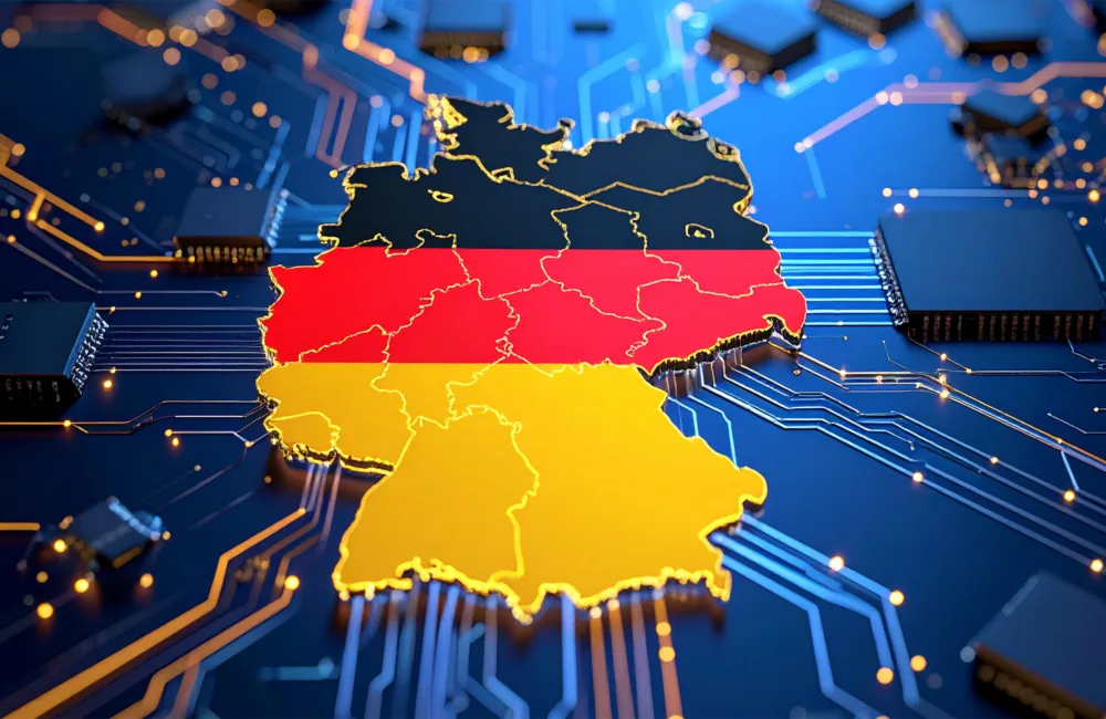 Realistic AI generated image of data centre motherboard with lines converging into a outline of Germany