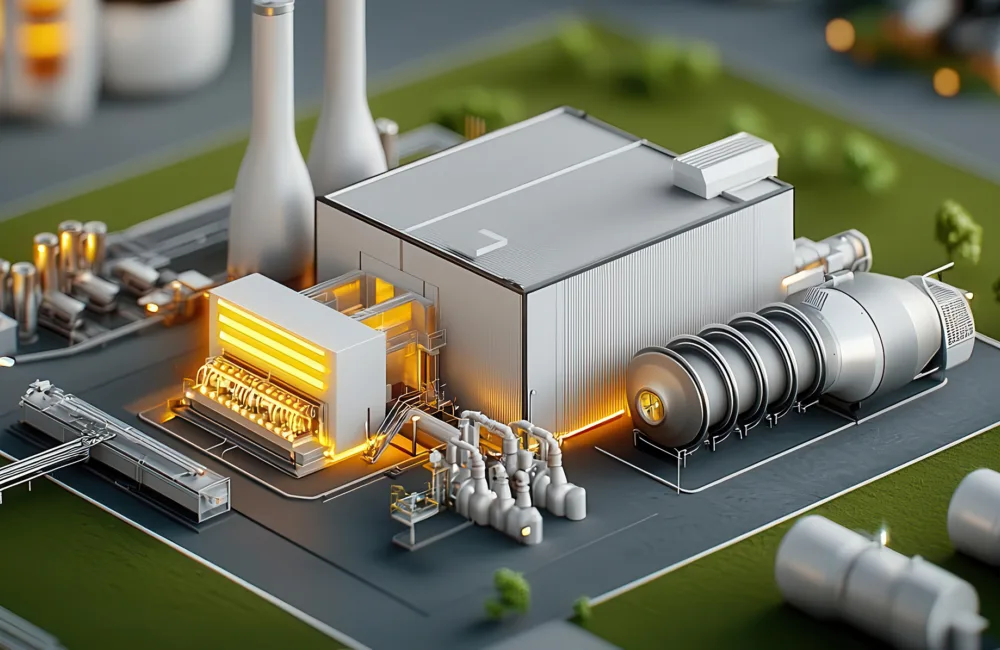 AI generated futuristic recycling plant using waste heat recovery to generate additional energy