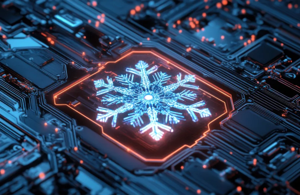 Futuristic Snowflake Glowing on Circuit Board