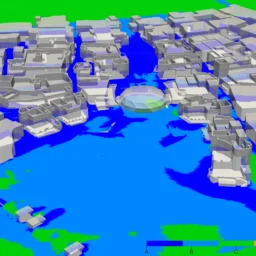 Computational fluid dynamics visualisation of an urban development model, showing colour‑mapped wind conditions around building blocks and open spaces.