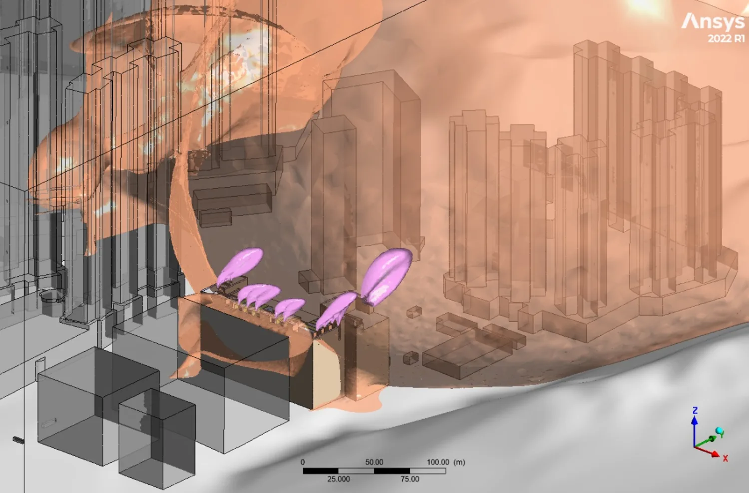 Computational fluid dynamics visualisation showing airflow patterns around building massing models and canopy structures in an urban environment.