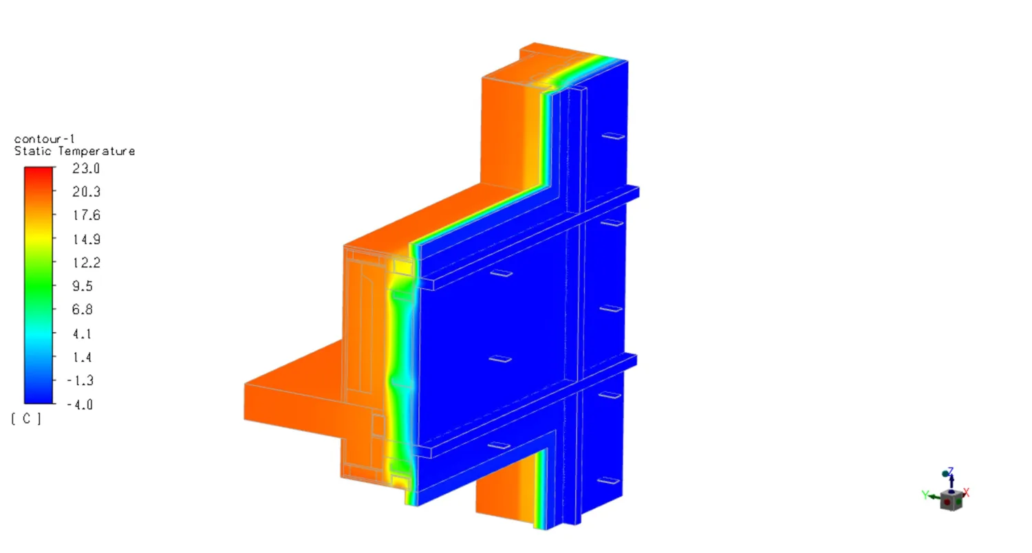 Thermal contour simulation of a building façade connection, showing surface temperature distribution with colour scale from blue to orange.