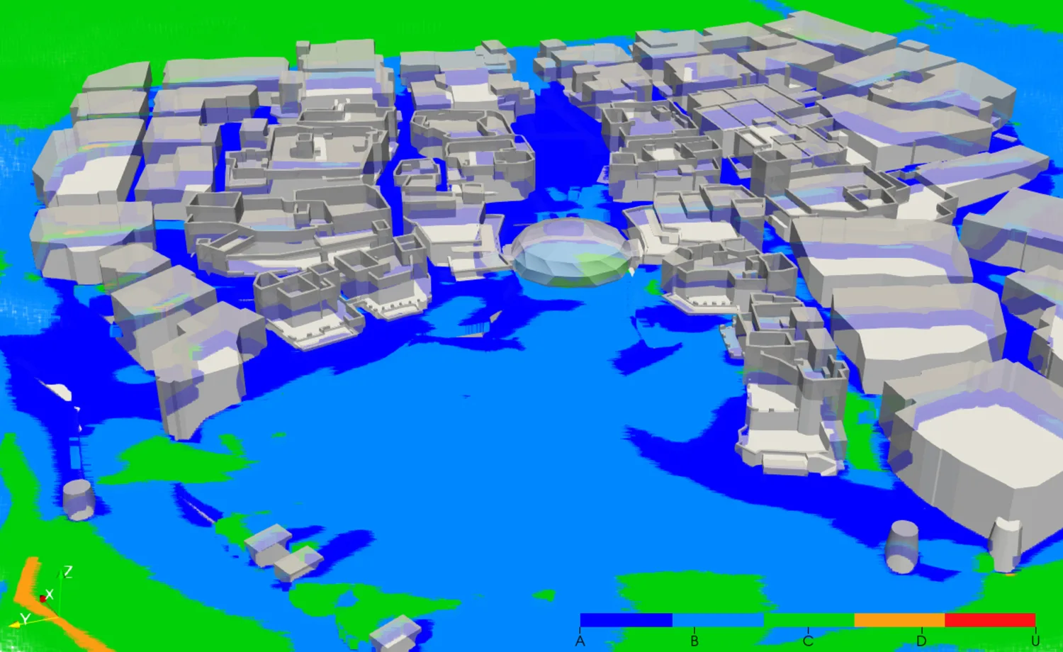 Computational fluid dynamics visualisation of an urban development model, showing colour‑mapped wind conditions around building blocks and open spaces.