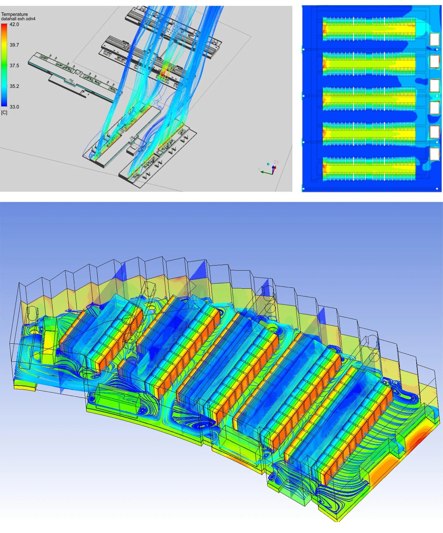 CFD simulation of airflow and temperature distribution around equipment arrays, with streamlines and thermal contour maps across an enclosed space.