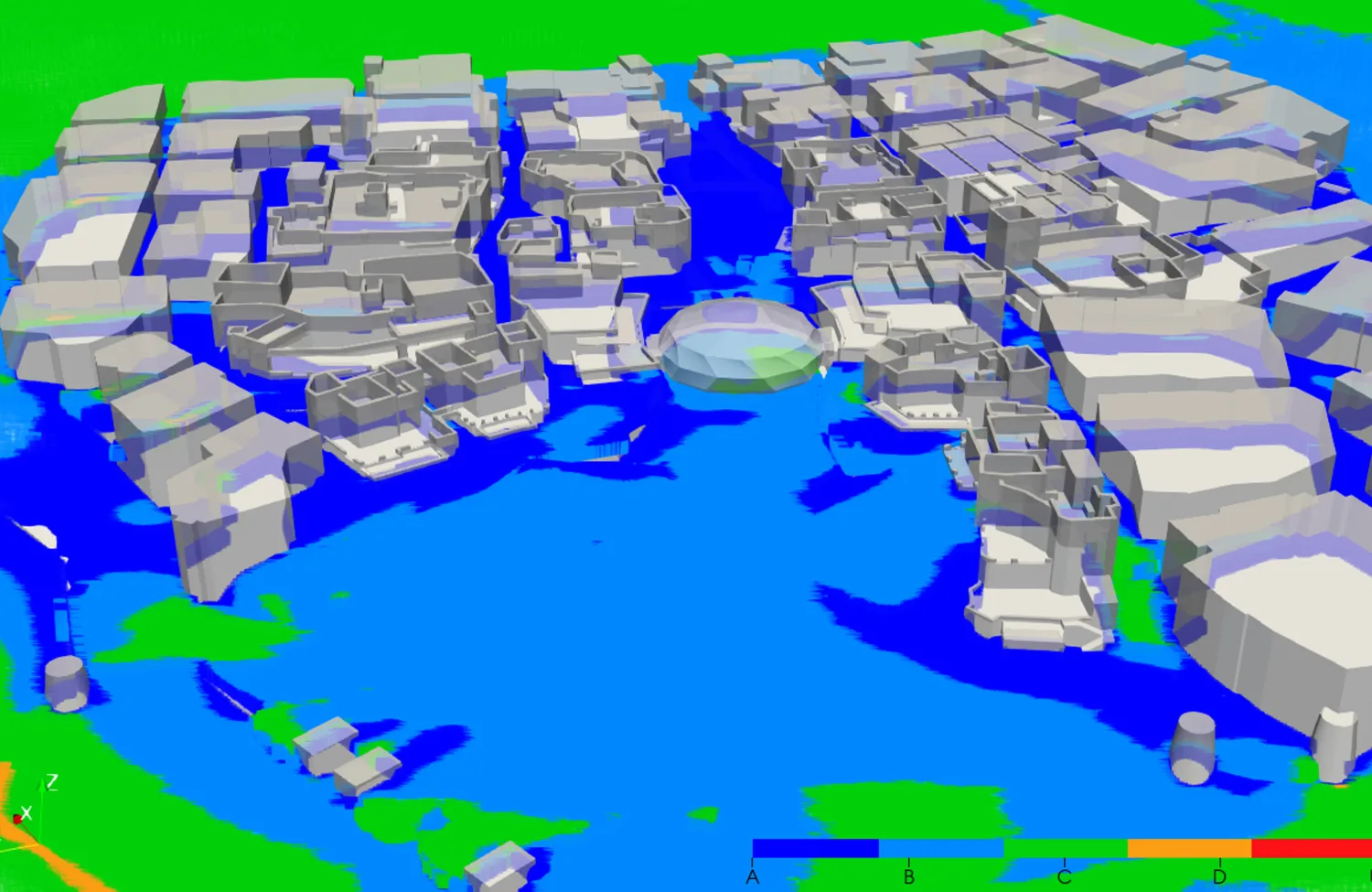 Computational fluid dynamics visualisation of an urban development model, showing colour‑mapped wind conditions around building blocks and open spaces.
