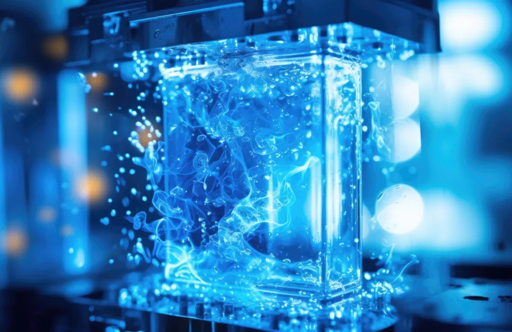 Intense blue flame captured through a closeup of a hydrogen fuel cell stack.
