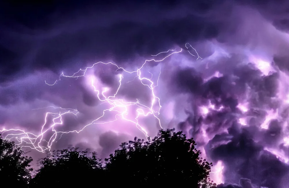 Lightening across a purple sky with the silhouette of trees