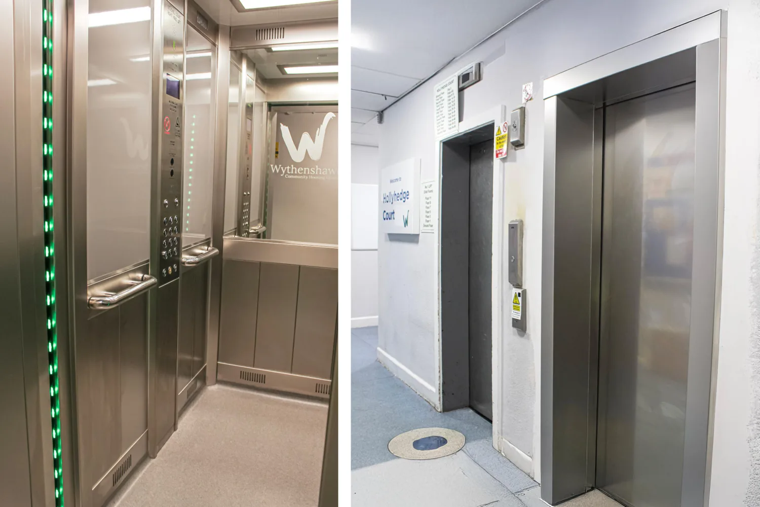 (Left) Wythenshawe lift with buttons on the left and a glass mirror on the back wall, with Wythenshawe logo on top.  (Right) Lobby view of Wythenshawe lifts with doors closed