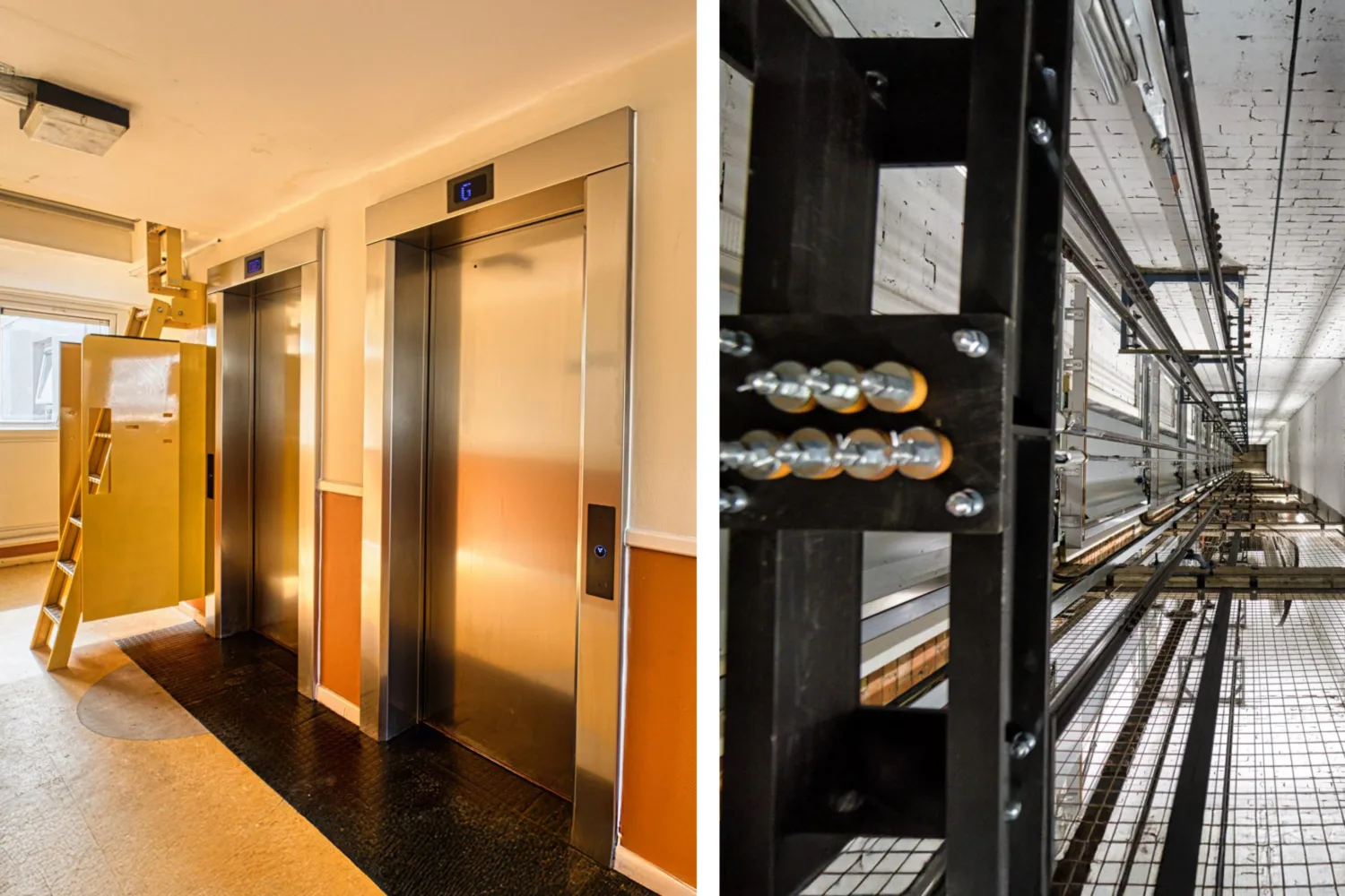 (Left) Lobby view of 2 Wigan project lifts with doors closed, and yellow ladder on the left hand side of the lifts going into the ceiling.  (Right) Birds eye view of a lift shaft with close up of the wires and engineering