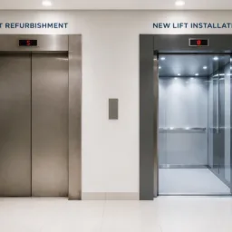 Side-by-side lift comparison showing a closed lift labelled “Lift Refurbishment” and an open lift labelled “New Lift Installation” in a building interior.