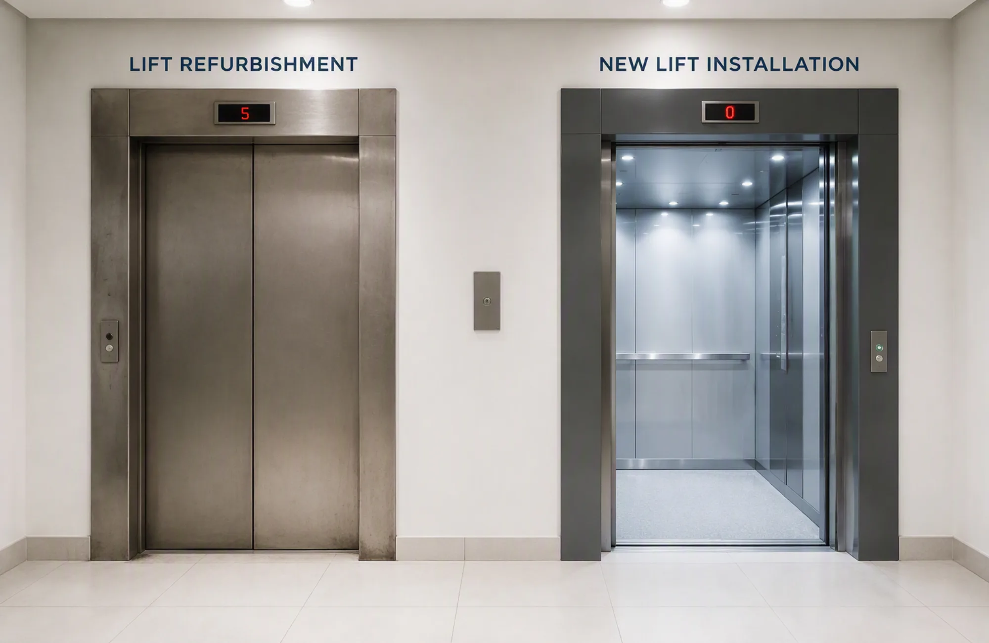 Side-by-side lift comparison showing a closed lift labelled “Lift Refurbishment” and an open lift labelled “New Lift Installation” in a building interior.