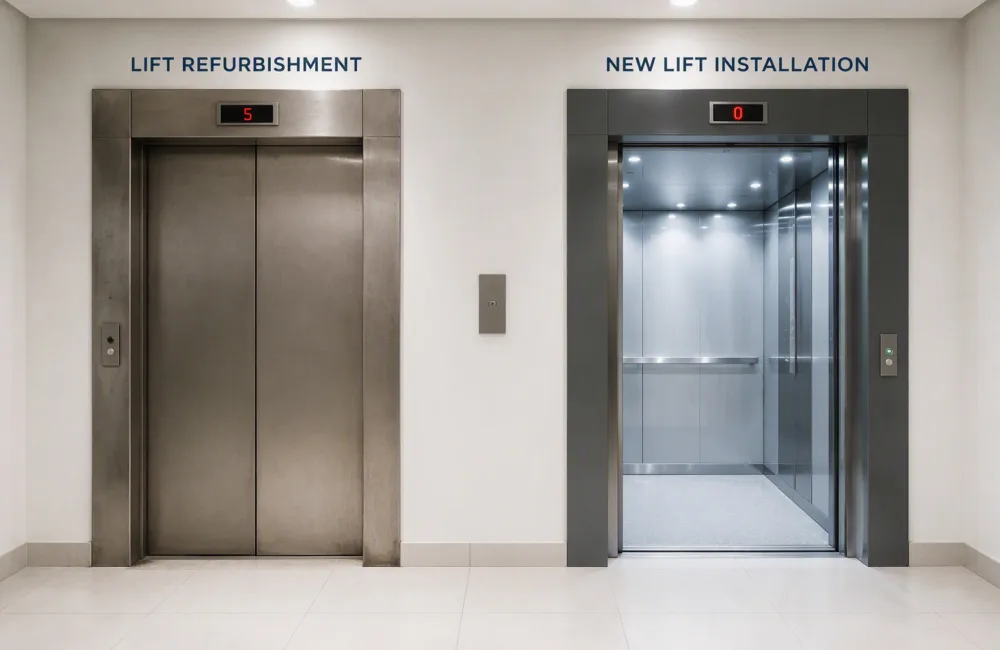 Side-by-side lift comparison showing a closed lift labelled “Lift Refurbishment” and an open lift labelled “New Lift Installation” in a building interior.