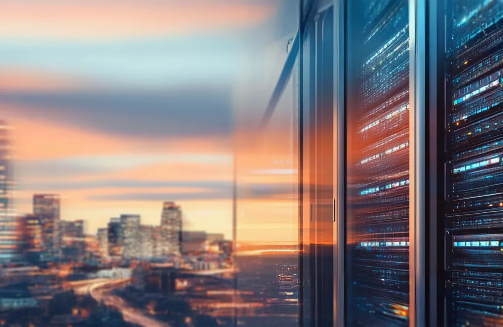 Close up of data centre building with cityscape in the background