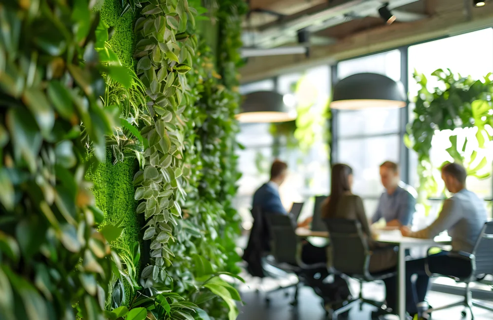 Interior office meeting room with a vertical green plant wall in the foreground. Four people sit around a table with laptops and papers, under pendant lights near large windows.