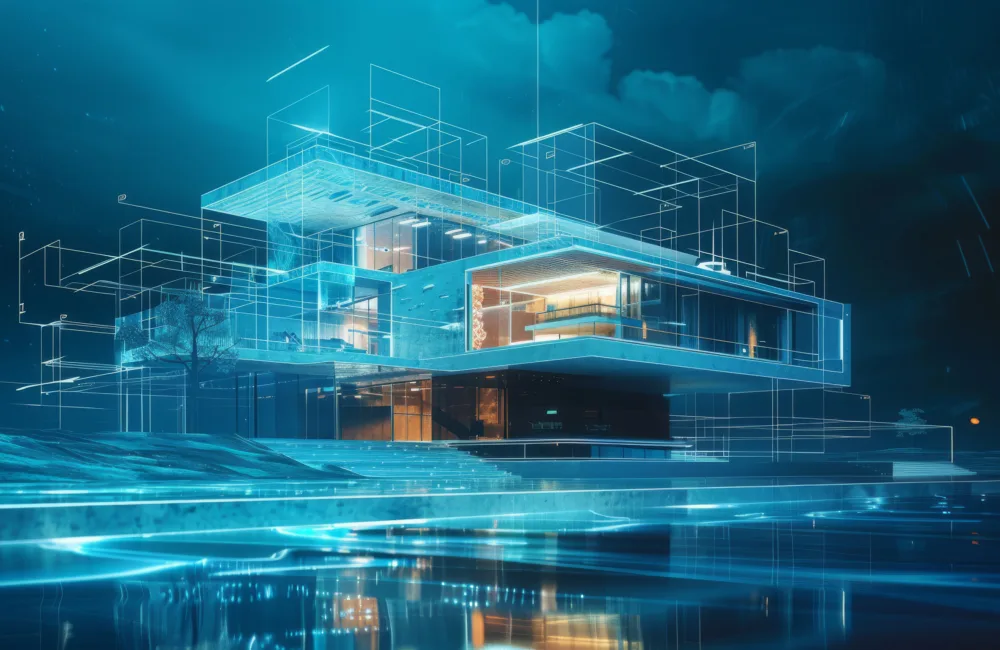 Modern house design featuring neon blue highlights, showcasing futuristic architecture and innovative elements generated with AI
