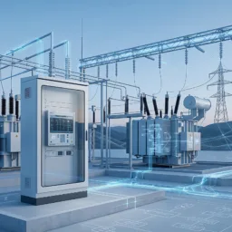 Electrical substation with transformers, a control cabinet, transmission infrastructure and digital power network diagrams overlaid.