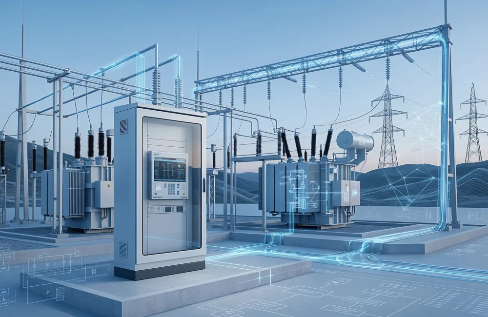 Electrical substation with transformers, a control cabinet, transmission infrastructure and digital power network diagrams overlaid.