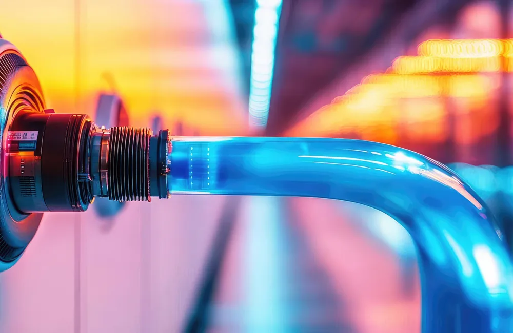 AI generated hyperscale data center with cloud infrastructure, liquid cooling systems, blue-lit coolant pipes, energy-efficient technology, ultra-modern and clean aesthetics