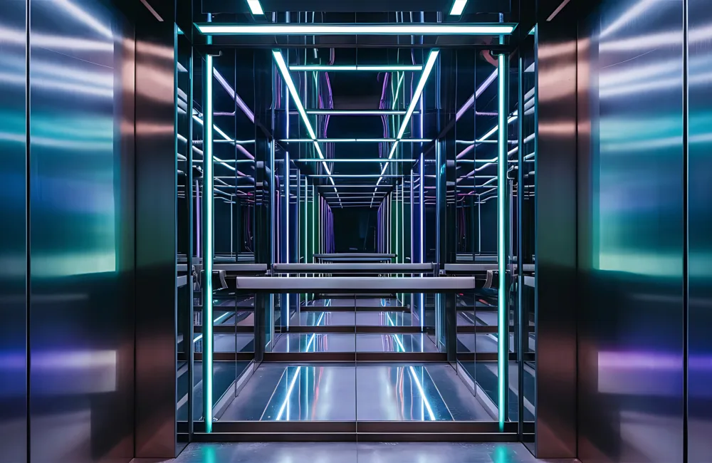 Generated by AI, an Interior of a modern elevator with mirrored walls and ceiling, illuminated by blue and purple neon grid lights. The metallic floor reflects the lights, creating a sleek, futuristic appearance. No people or text are visible.