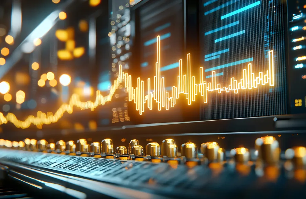 AI generated image of soundwaves and recording equipment