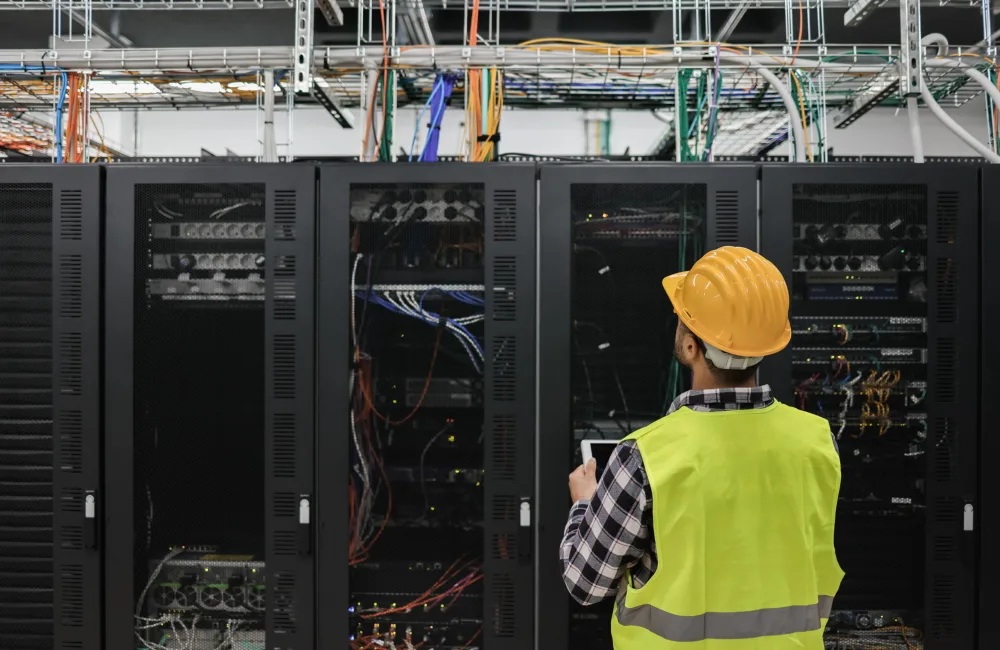 Young technician man working with tablet inside big data center room full of rack servers - Focus on man head