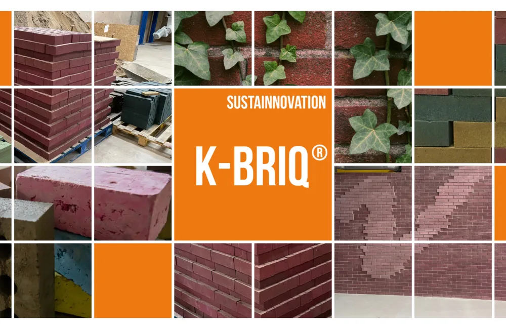 Collage of square images of bricks, surrounding a title of 'Sustainnovation - K-Briq'